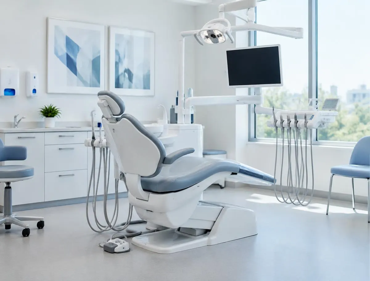 Box dental moderno con sillón y monitor