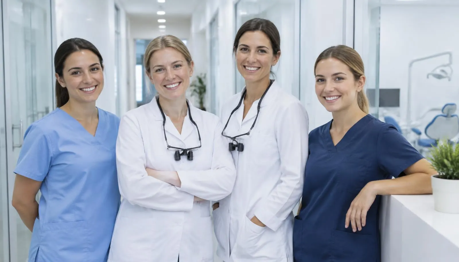 Equipo de una clínica dental en uniforme clínico, sonriendo